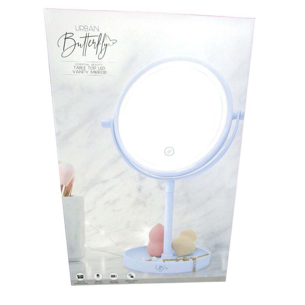 Urban Butterfly LED Vanity Mirror Round 6-inch Face with Storage Cloud Blue